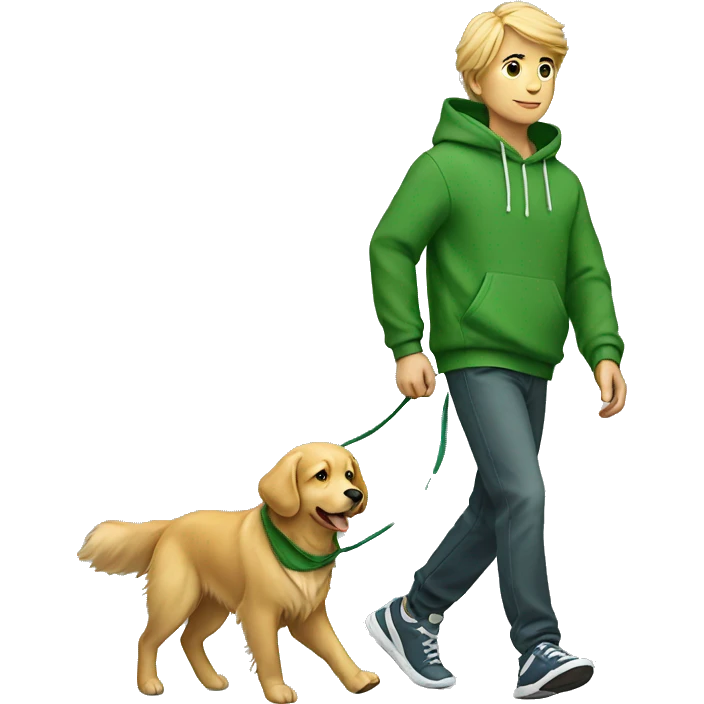 Boy in green hoodie walking golden retriever emoji