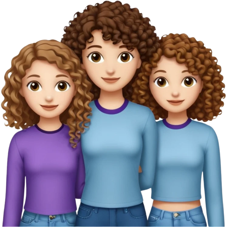 3 white girls, all of off this with brown hair but one whit straight one whit curly and one whit very curly(aesthetic)and chic clothes y2k, this girl have around 14 years emoji