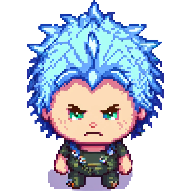 pixel art character with spiky chaotic hair and a grumpy face emoji