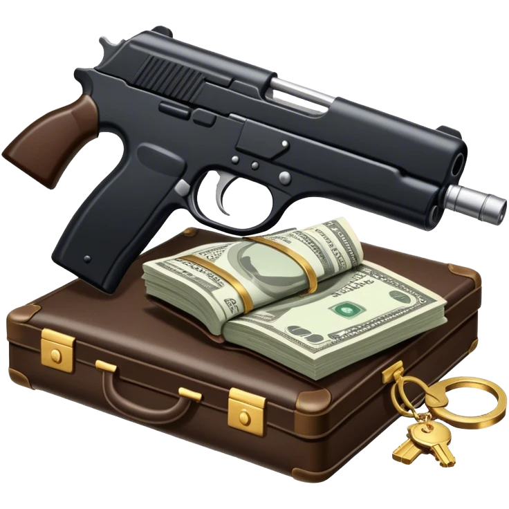 Icon for Action & Crime Reading: open book with text and picture, silhouette of a gun, a bag of money, a police badge. Surrounding elements include a pair of handcuffs, a briefcase and scattered bullet casings. Transparent background. emoji