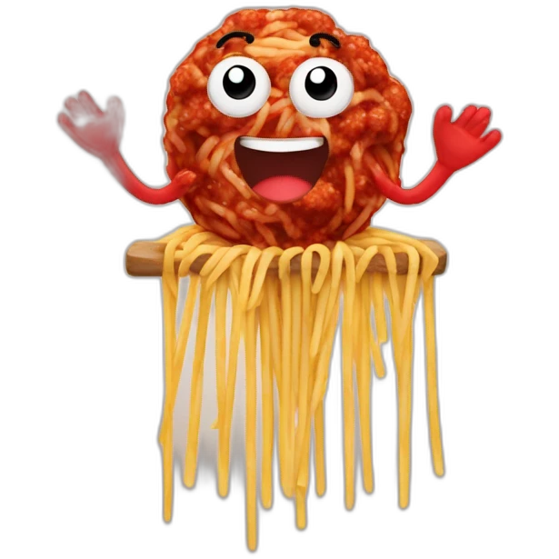 Spaghetti and meatballs, with a face arms and legs emoji