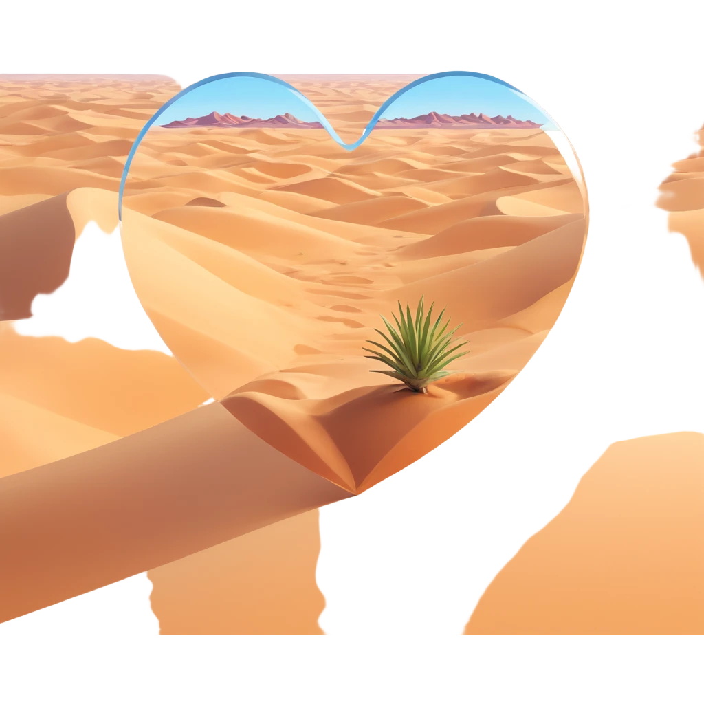 clear transparent heart shape with barren desert scene inside, just sand dunes, no plants, glassy effect emoji