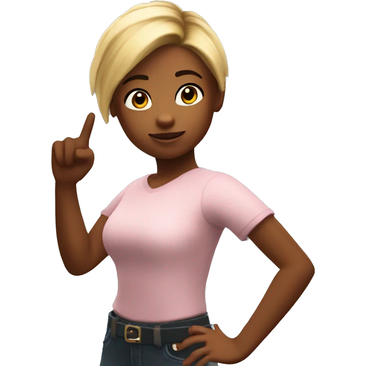 A Roblox girl pointing to her top right. While look at the camera emoji