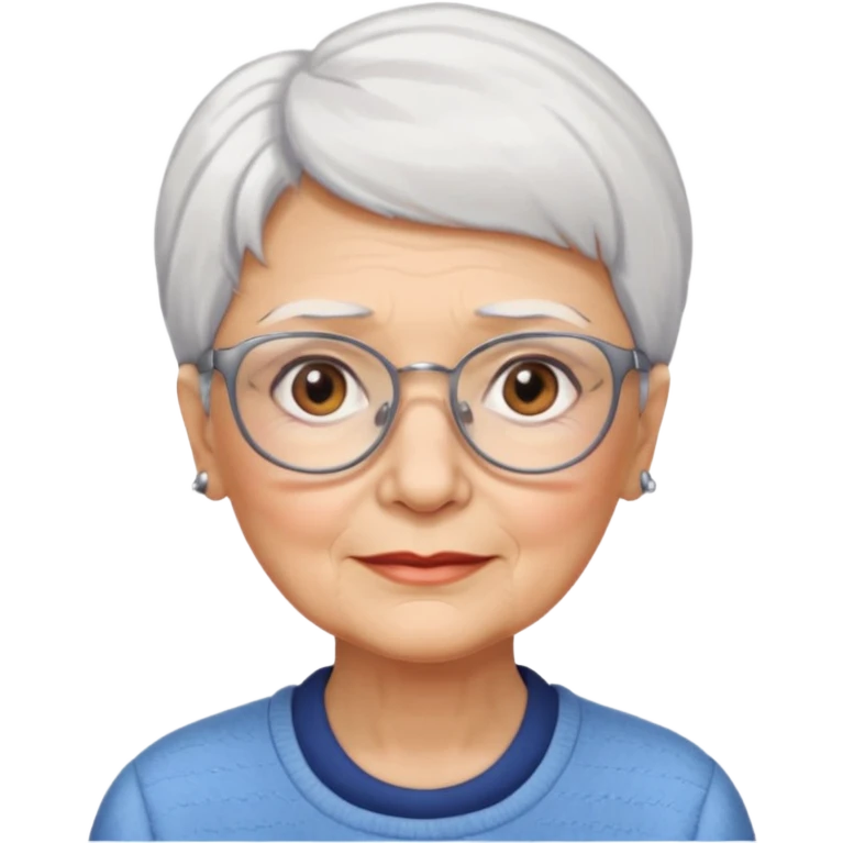 Create me emoji of an old lady. Short white hair to left side. Square glasses. Brown eyes. Rounded bigger face emoji