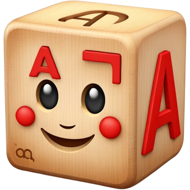 A wooden alphabet block with letter A and a cute smiling face emoji