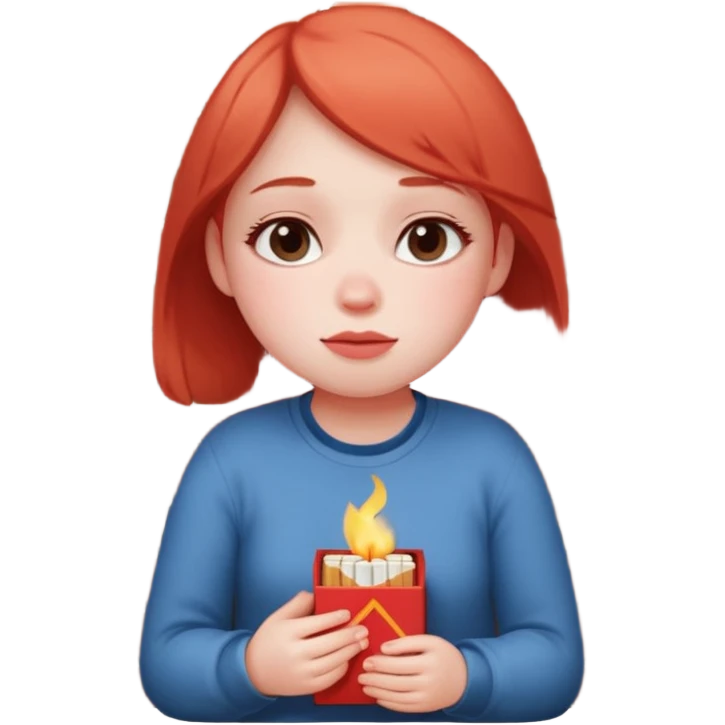 A fragile girl sitting beside a wall, clutching a box of matches, lighting one to warm her cold rosy cheeks.
 emoji