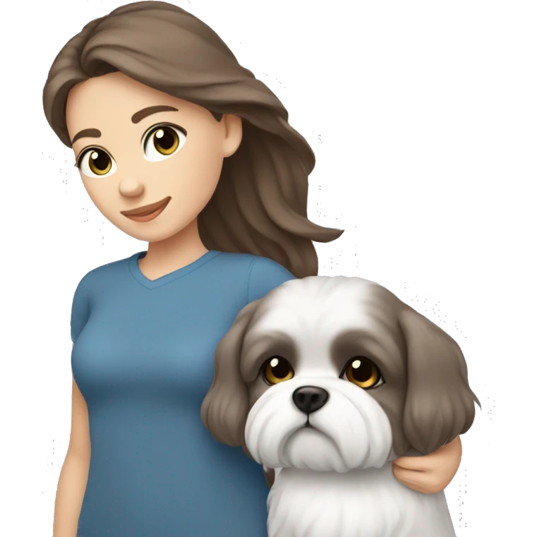 Brown hair girl with blue eyes holding grey shih ztu emoji