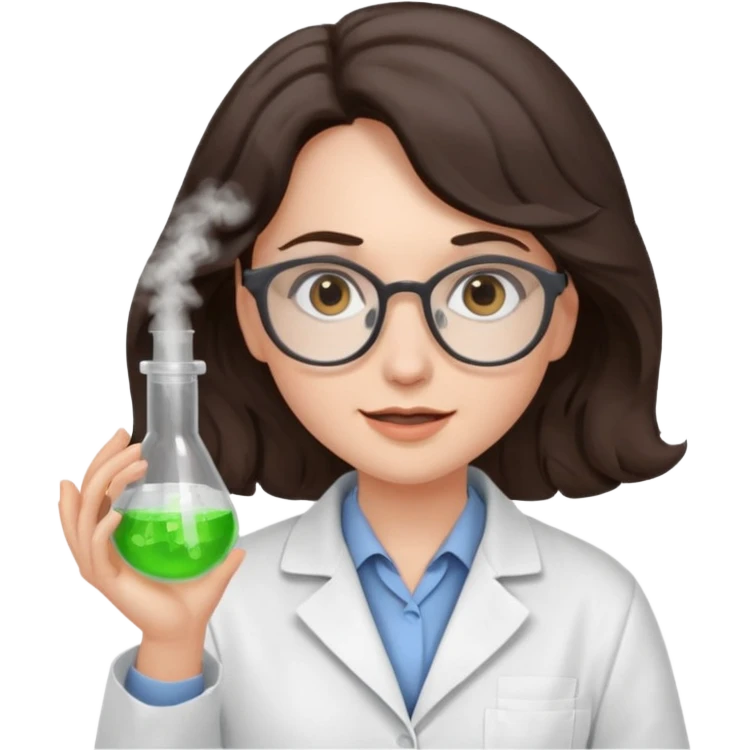 A crazy female scientist, with wavy dark brown hair, brown eyes and grey glasses and pale skin  emoji