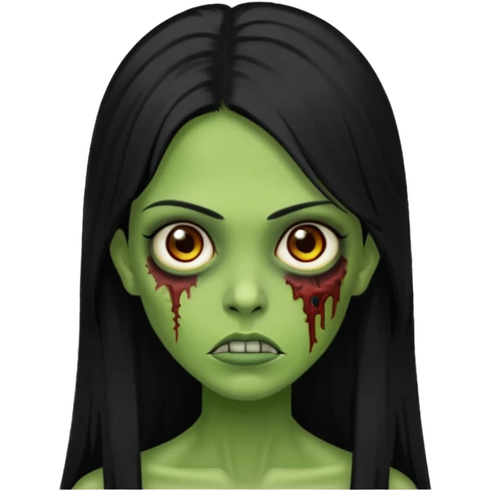 Faça uma zombie verde mulher com cabelos preto, liso e longo de olhos castanhos emoji