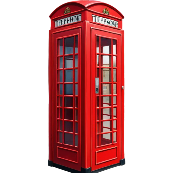 Cinematic Realistic depiction of an iconic red telephone box, rendered in vivid, saturated colors with detailed textures and reflective surfaces, set on a classic English street under soft, diffused daylight emoji