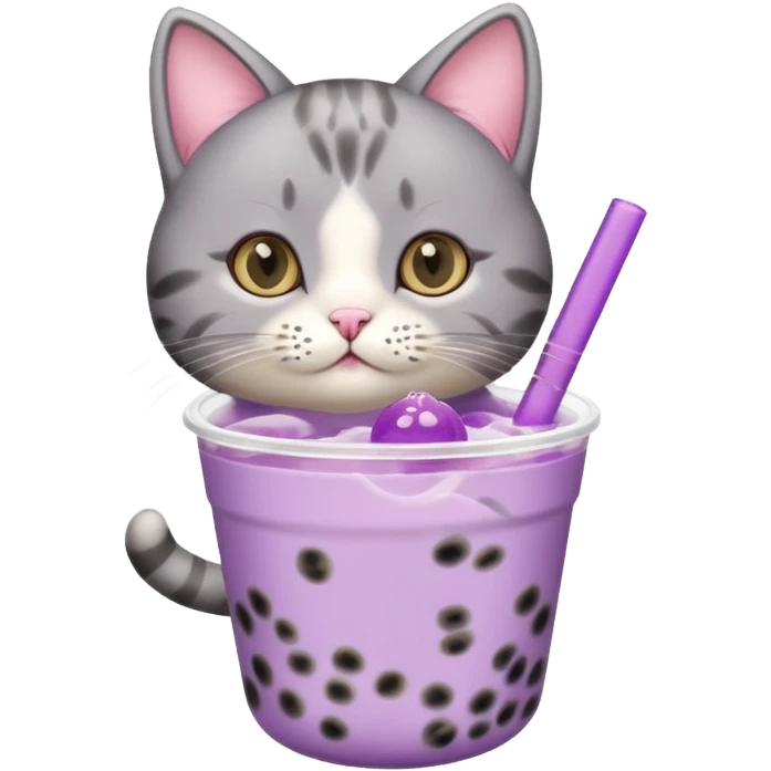 a cat drinking from a mini purple bubble tea cup, cat and bubble tea are different separate figures emoji