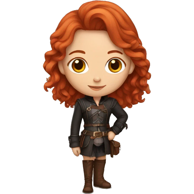 red-haired girl in leather holding a Cavalier emoji