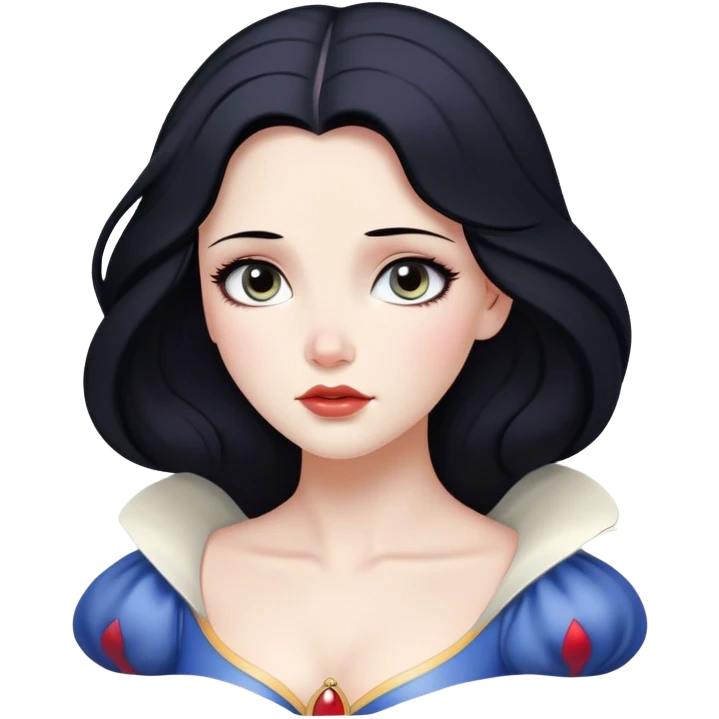 Cinematic Serene Snow White Portrait Emoji, rendered in a simplified vector style. Depict a gentle Snow White (chest and above) with flawless porcelain skin and flowing raven hair, her kind eyes and calm expression exuding a quiet, enchanting charm. The image glows softly with an inviting, pure light and is outlined with a subtle glow. emoji