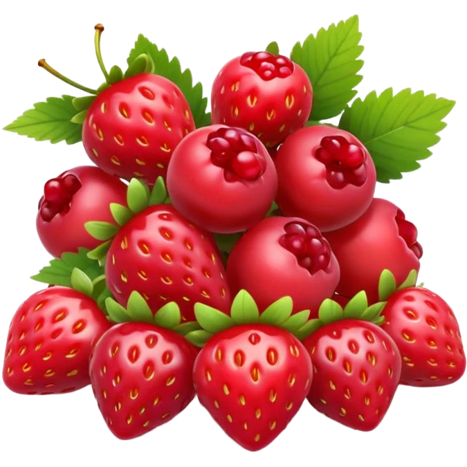 small pile or cluster of mixed red berries such as strawberries, raspberries, red currants, and cherries, natural color variation, glossy and fresh, 3D-rendered, clean, minimal, soft shadows, no faces or extras, transparent background, emoji scale emoji