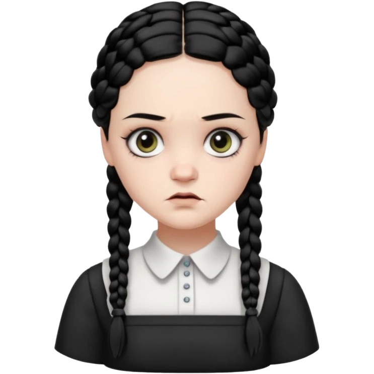 Draw Wednesday Addams with pale skin, black braids, white-collared dress & serious expression. emoji