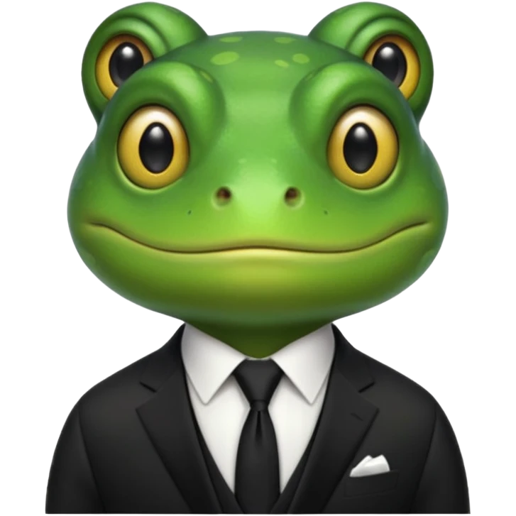["Green frog head, dressed in a black suit with a black tie."] emoji