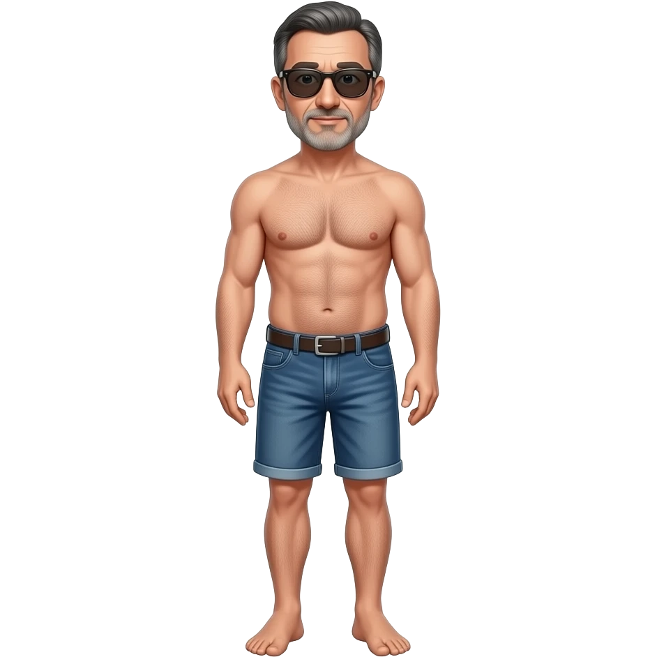 A guy, wearing sunglasses, 50 year old, full length, no clothes emoji