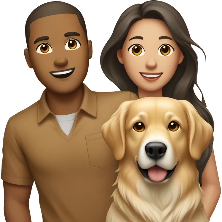 Light brown skin male next to an Asian female with a golden retriever in the middle  emoji