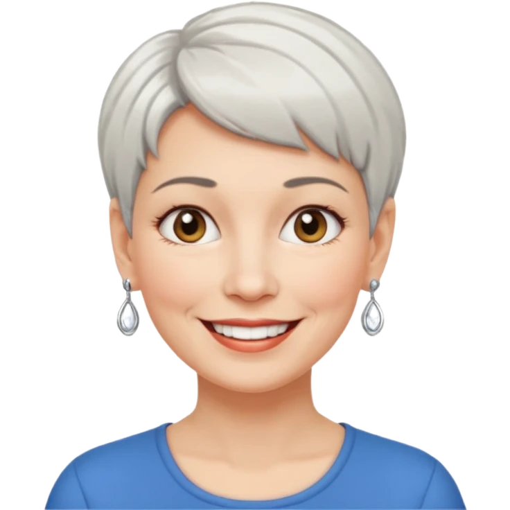 smiling middle-aged woman, short hair, white skin, small earrings, expressive personality emoji