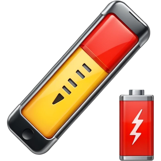 iPhone-style emoji of a battery that is almost empty, with a small red bar at the end indicating low energy. Clean, minimal, glossy look, transparent background. emoji