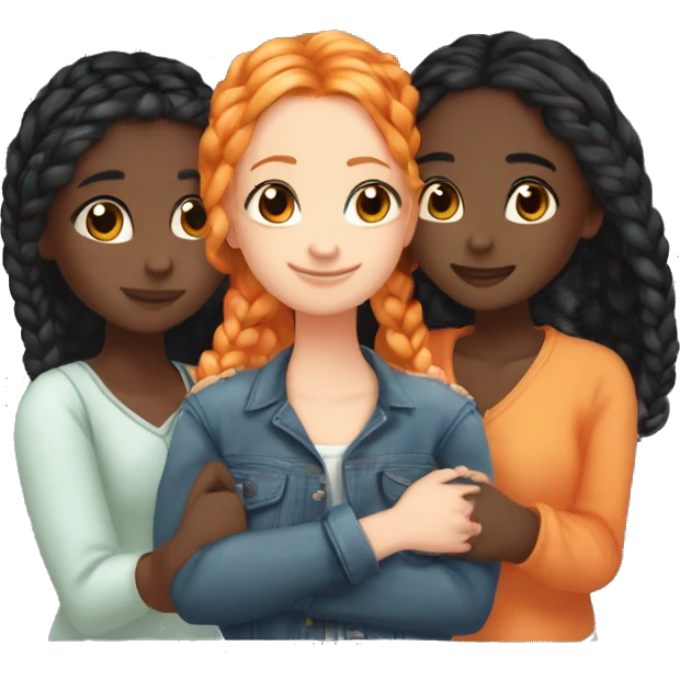Four girls hugging one blonde one orange hair one black hair with braids and dark skin and lastly one with black hair emoji