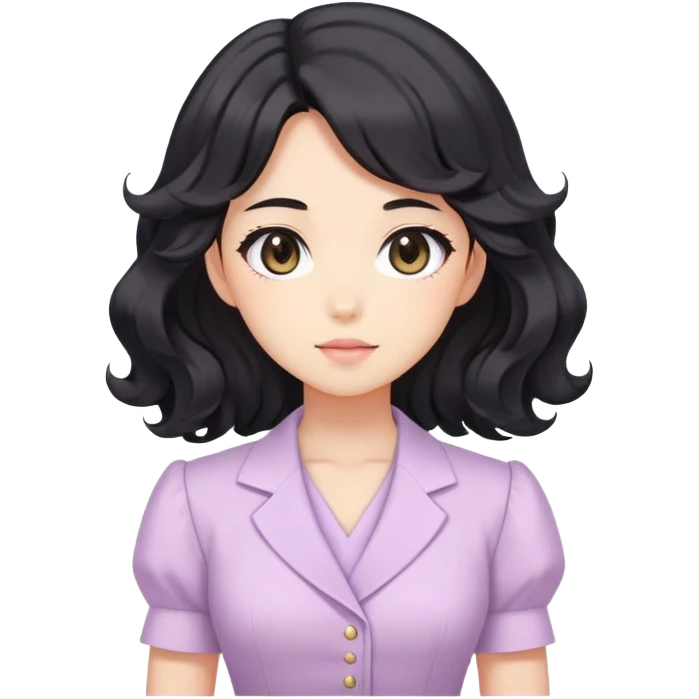 Confident kawaii anime businesswoman with beautiful black wavy hair wearing a soft feminine pastel dress, future boss lady emoji