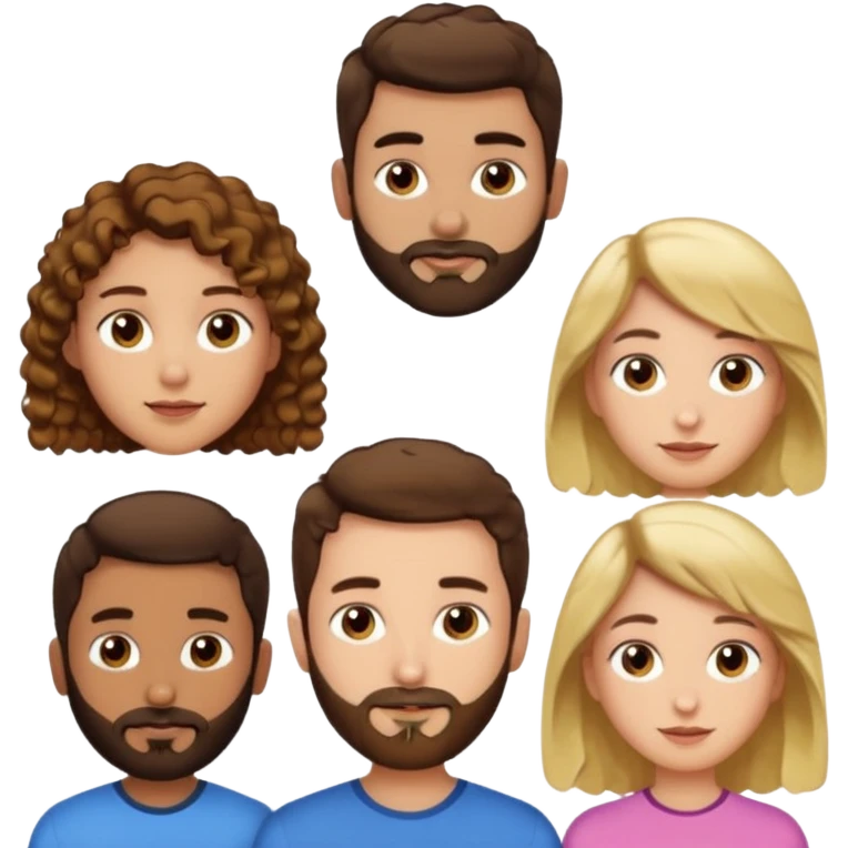 Gars cheveux bruns courts et barbe très courte, un gars avec cheveux bruns courts et barbe très courte, 1 fille cheveux bruns longs frisés, 1 fille cheveux longs blonds plats emoji