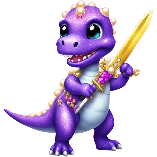 Lisa frank glitter purple cute dinosaur with sword and pearls emoji