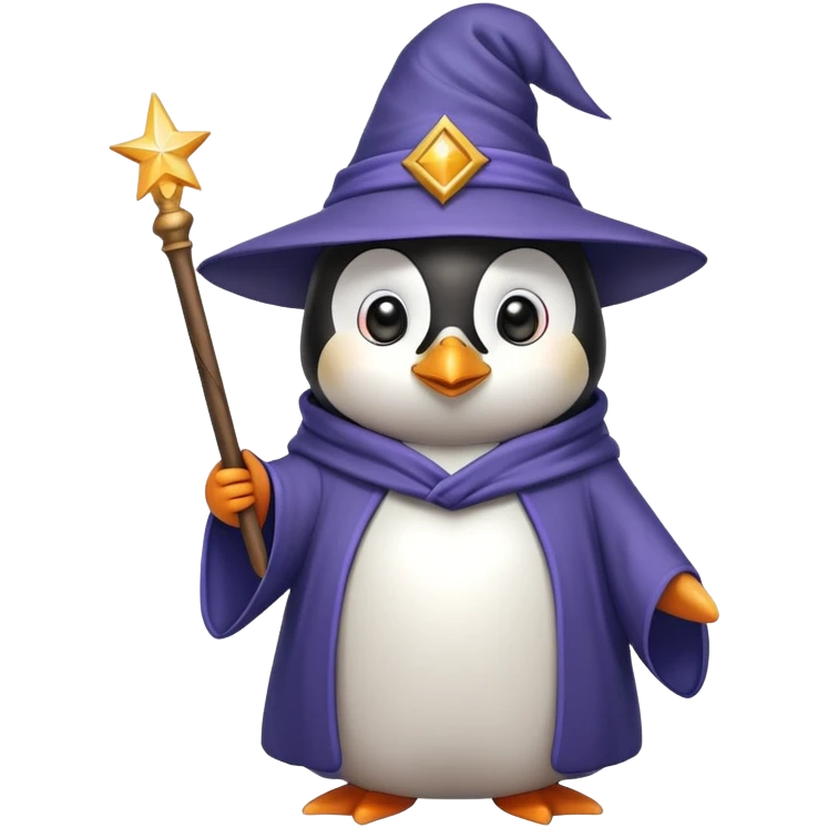 penguin wearing wizard hat and robe holding a magic wand emoji