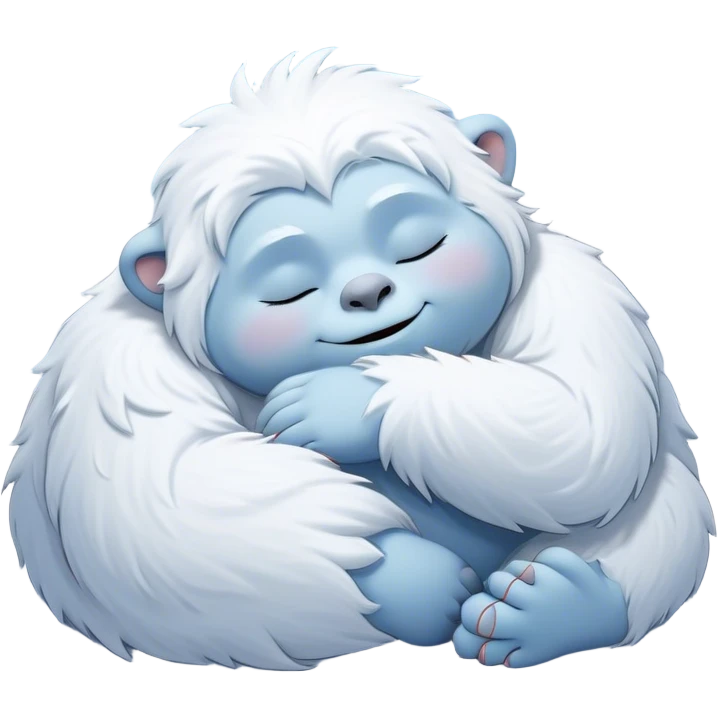 Meme-Worthy Cute Sleeping Yeti Portrait Emoji, with a charming, fluffy, snow-dusted figure in gentle whites and cool blues, head resting in blissful, serene slumber with closed, peaceful eyes and a small, contented smile, simplified yet irresistibly adorable, highly detailed with a soft frosty outline that captures the tender drowsiness of a yeti drifting into snowy dreams! emoji