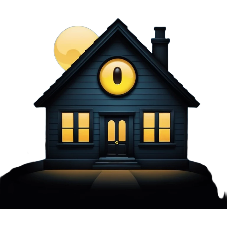 Minimalist emoji-style sticker of a house silhouette at night with a single lit window, and an eye visible inside. Flat, dark, quiet style.
 emoji