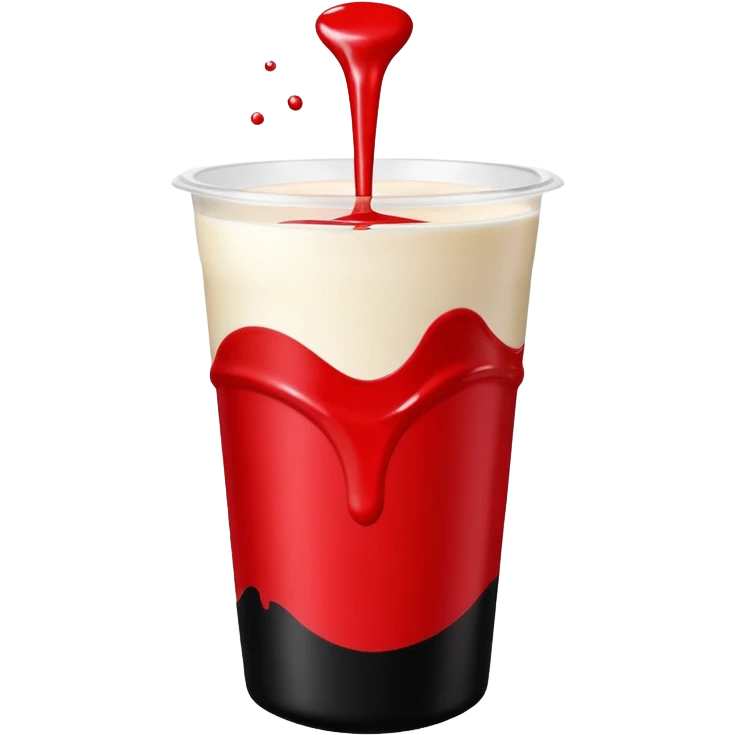 whey protein pouch, top half vibrant red, bottom half deep black, simple clean cup of milk with splash effect in the center, smooth minimal glossy emoji-like finish, bold and friendly, inspired by Apple emoji aesthetic emoji