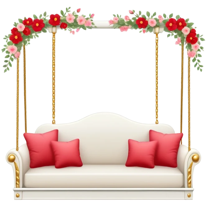 Romantic white wooden pastel-red cushions couch-swing with tiny gold flowers around emoji