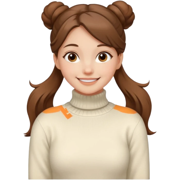 Chica blanca, pelo castaño muy largo pelo recogido en unos mondongos, jersey de invierno iniqui de cuello vuelto emoji