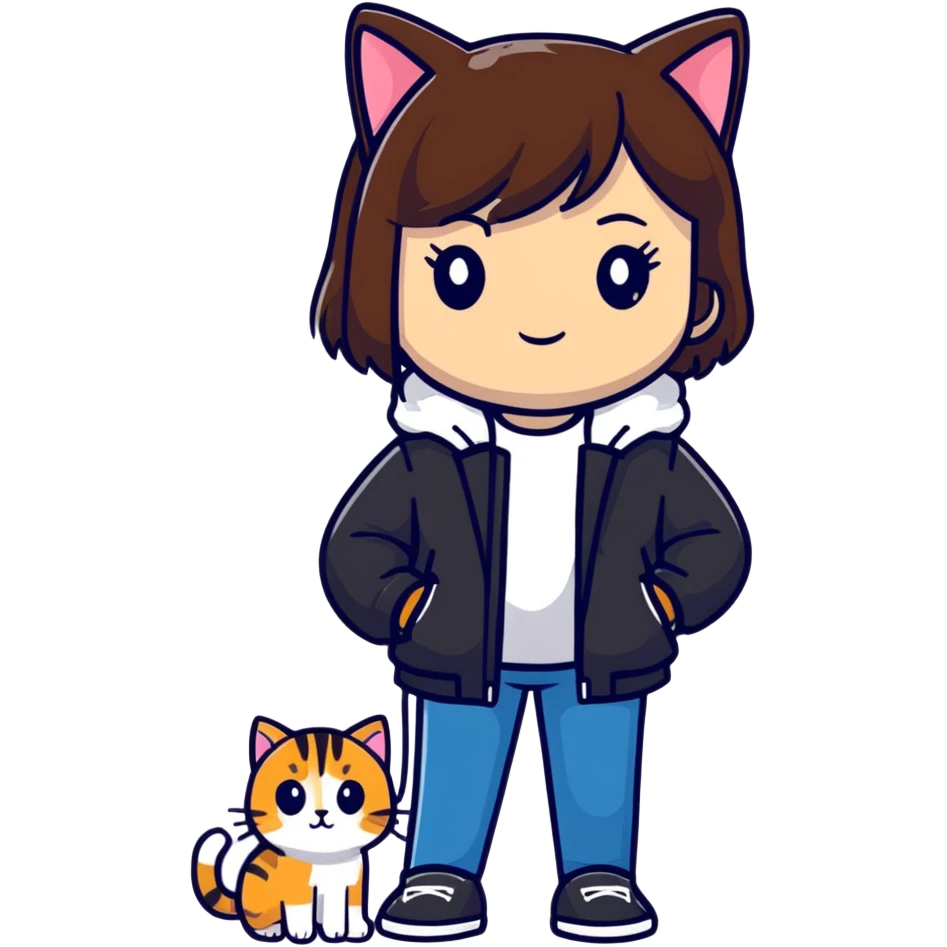 A brown straight-haired girl wearing black jacket with cats emoji