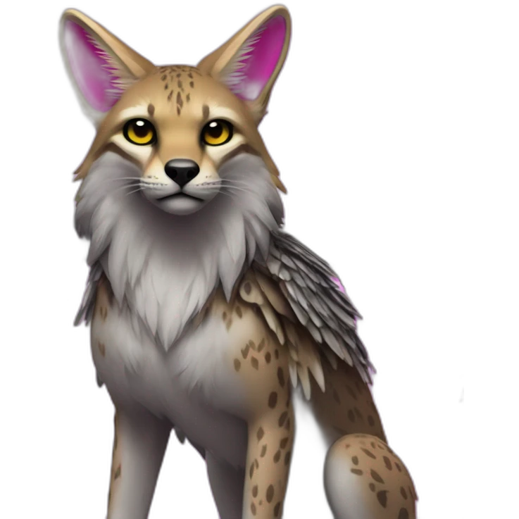 Coyote ocelot standing with grey and black fur and phoenix wings on back and pink ears half skeleton, neon lights emoji