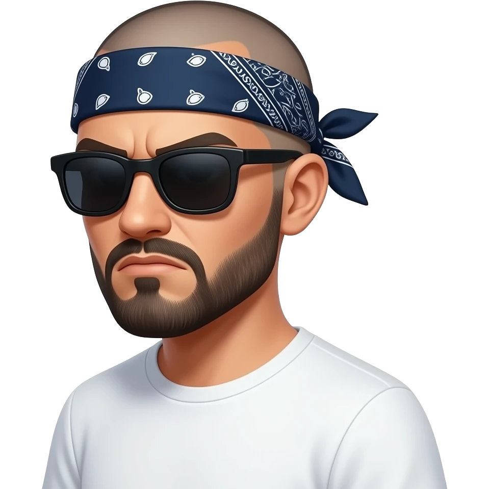 Chicano cholo character in a 'Lil Homies' chibi style, posing. Head and shoulders view. The character has a shaved head and face, a dark blue paisley bandana tied around the forehead, and dark black sunglasses. He has a thick goatee and a tough, 'enojón' grumpy expression. on an angle. White tee emoji