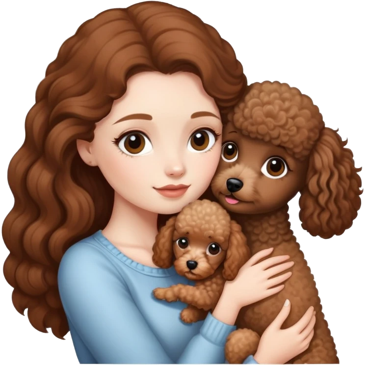 A white skinned girl with long brown hair tightly embraces a mini poodle emoji
