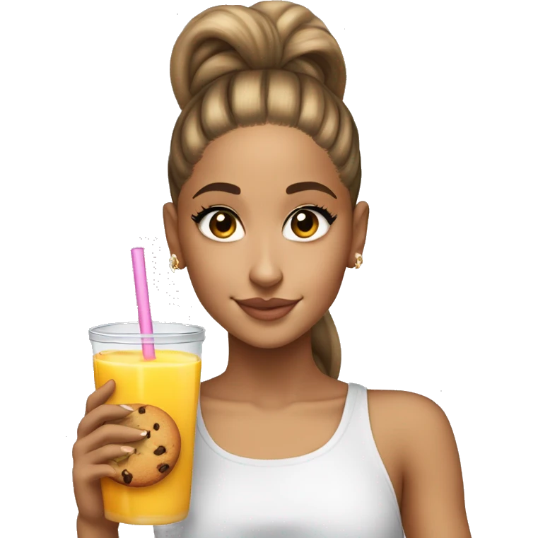 ariana grande with a high ponytail holding a glass of juice and a cookie  emoji