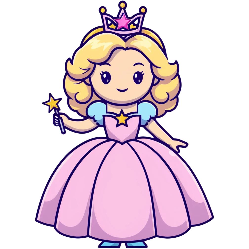 Glinda the Good Witch with long blonde curly hair, sparkling tiara, puffy pink ballgown, and magic wand with star emoji