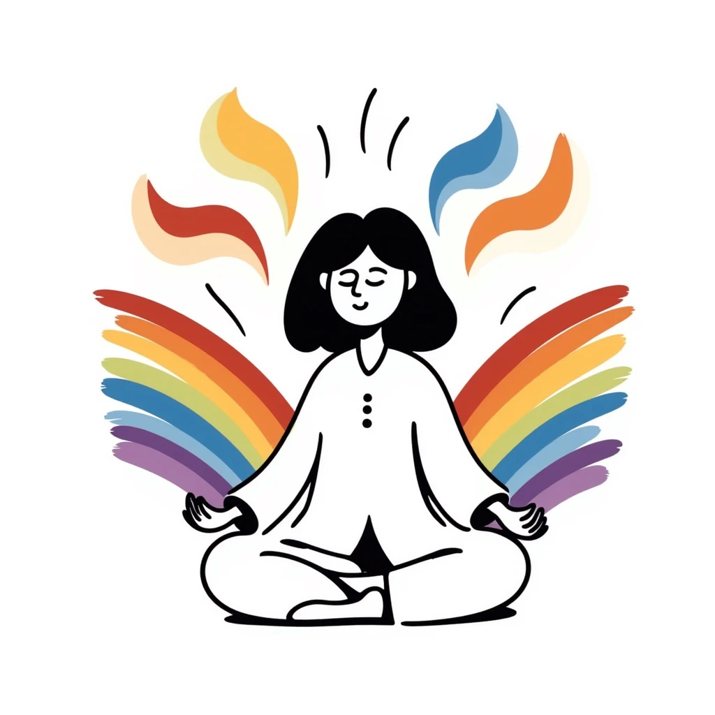 A person in a peaceful meditation pose with colorful rainbow waves of calmness radiating outward, representing mindfulness and stress relief. Vibrant hand-drawn doodle style with purples, blues, and warm tones. emoji