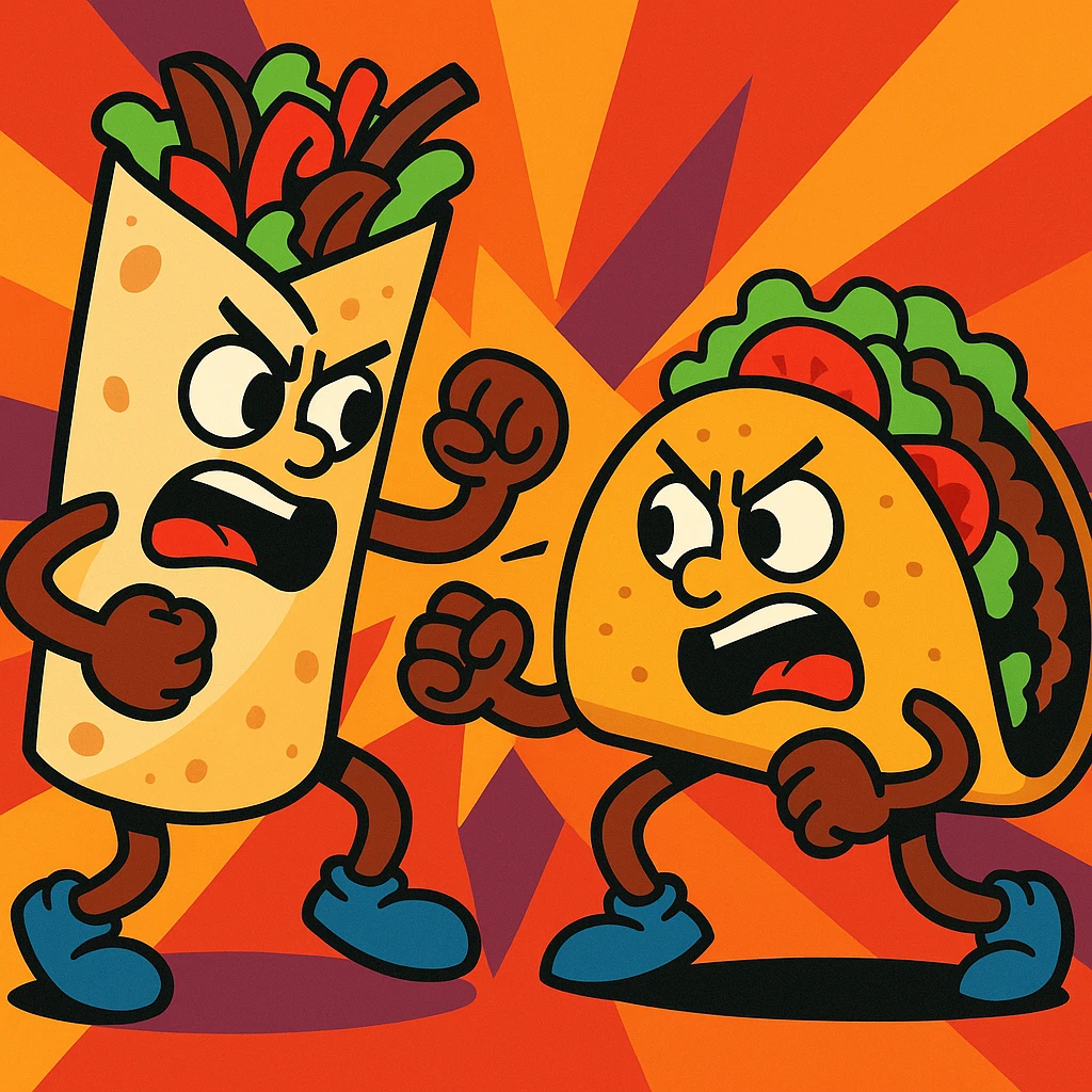 a fajita and a taco in a playful fight, cartoon style, vibrant colors emoji