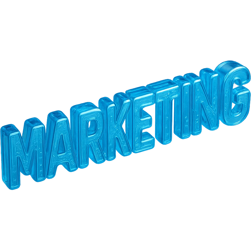 The word "MARKETING", cyan blue emoji