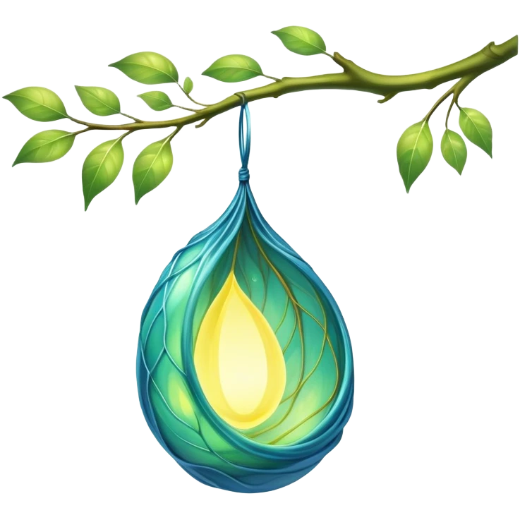 magical organic cocoon suspended from a branch, green-blue cocoon lit up, swirling yellow magic, ethereal and mystical, symbol shape, gentle green-blue hues emoji