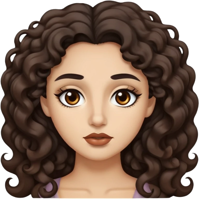 Brown black hair, dark brown eyes, thick eyebrows, plump lips, wavy curly long hair, and beige skin town emoji