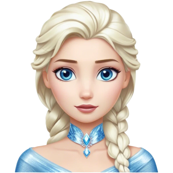 Cinematic Realistic Elsa Portrait, depicted with lifelike skin texture, soft natural lighting, and intricately detailed platinum blonde hair styled elegantly. Her striking, expressive blue eyes exude confidence and grace, complemented by a serene and regal expression. She is dressed in her signature icy attire, with shimmering fabric textures and delicate folds that catch the light beautifully. The portrait features a soft, enchanting glow with a cool, radiant finish, capturing the essence of timeless elegance in a realistic and painterly style, evoking a sense of depth and authenticity. emoji