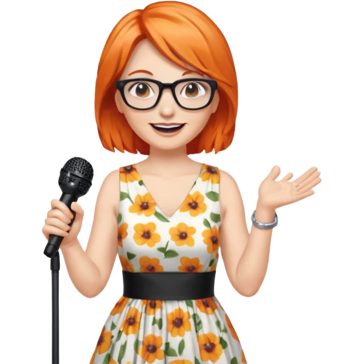singer, Middle age, orange hair, happy, holding mic, wearing dress, glasses emoji