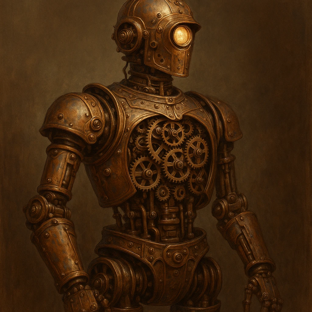 Victorian-era robot with exposed gears, copper and bronze colors, steampunk style emoji