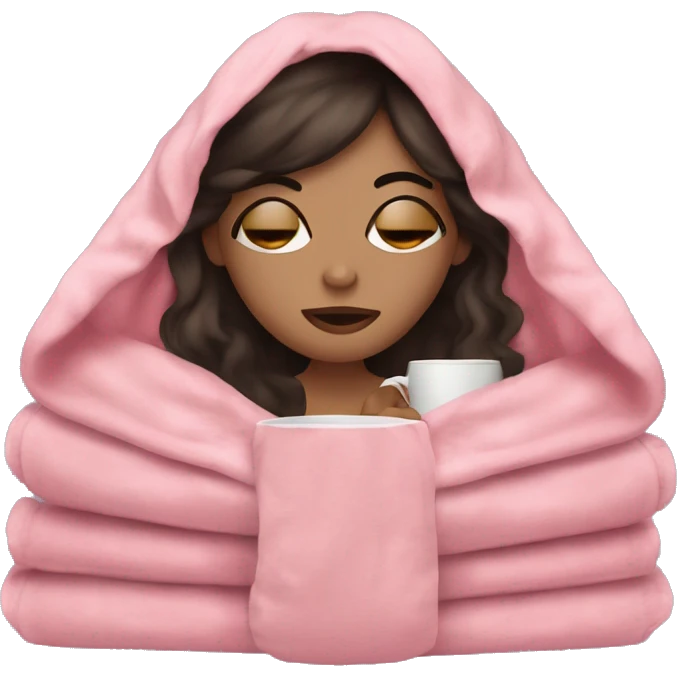 white girl dark hair inside a pink blanket sipping coffee eyes closed emoji