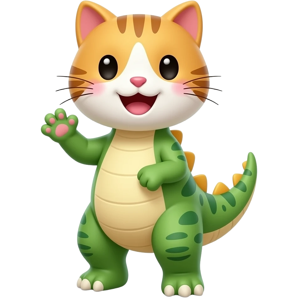 dinosaur body with cute kitty face standing on two legs looking happy and waving emoji